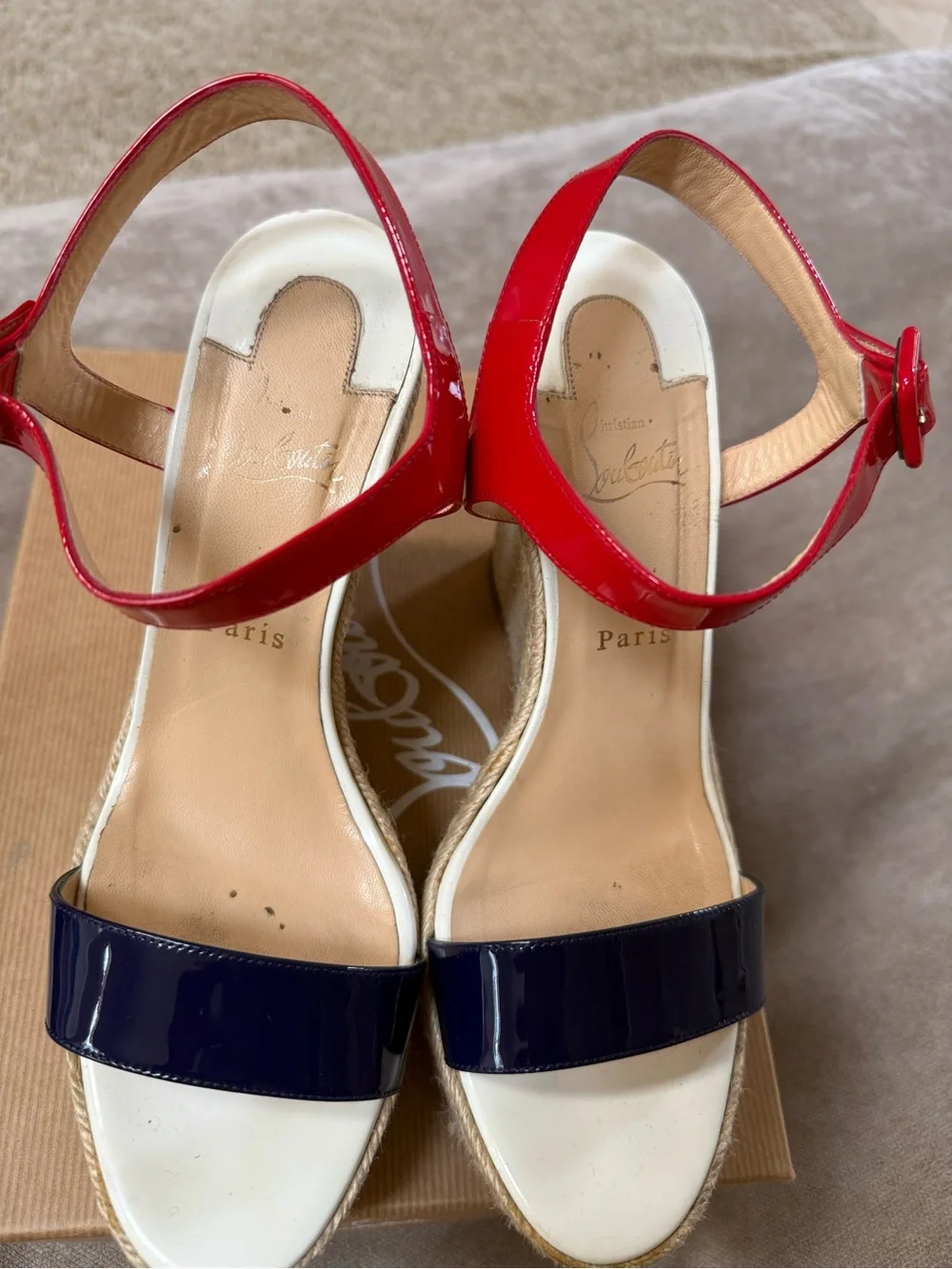 Christian Louboutin Red/White Patent & Navy Patent Espadrille Wedge Sandals